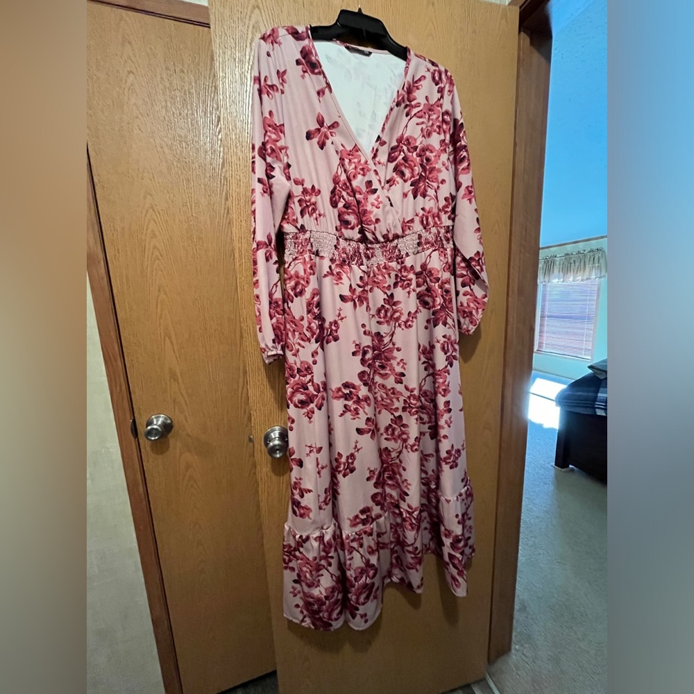 BloomChic Long Sleeve Dress with Pockets- Pink/Red Floral- 14/16